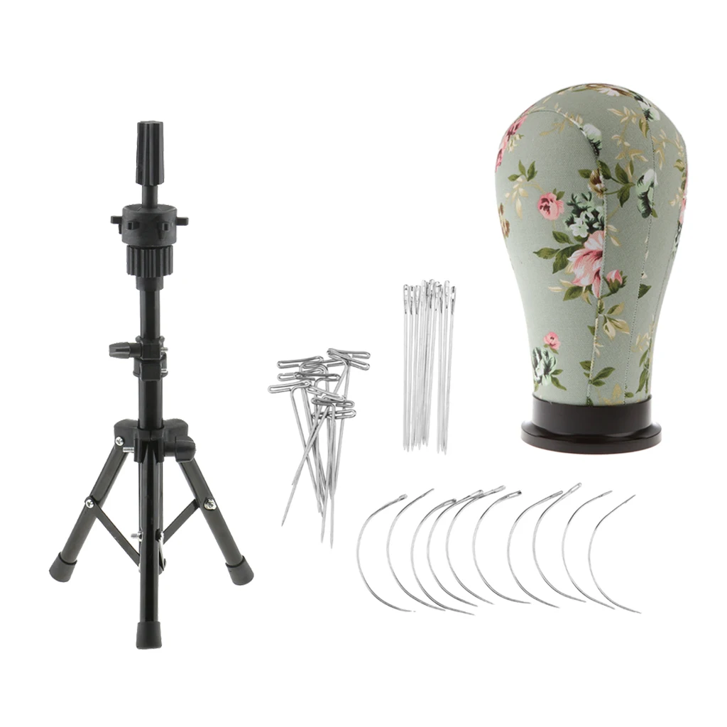 

21inch Wig Making Cork Canvas Block Mannequin Head with Black Adjustable Stand Tripod Holder and C/I/T Pins Needles Set