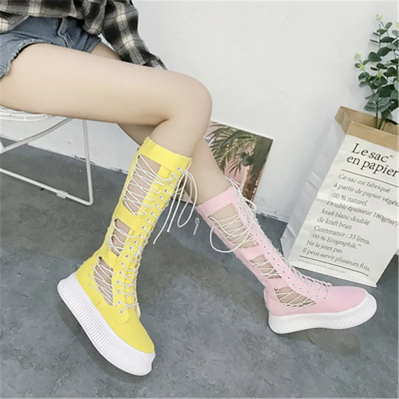 

platform knee high Martin boots Fashion Cross strap Wedge Motorcycle boots Breathable Summer style Denim canvas boots size 35-39