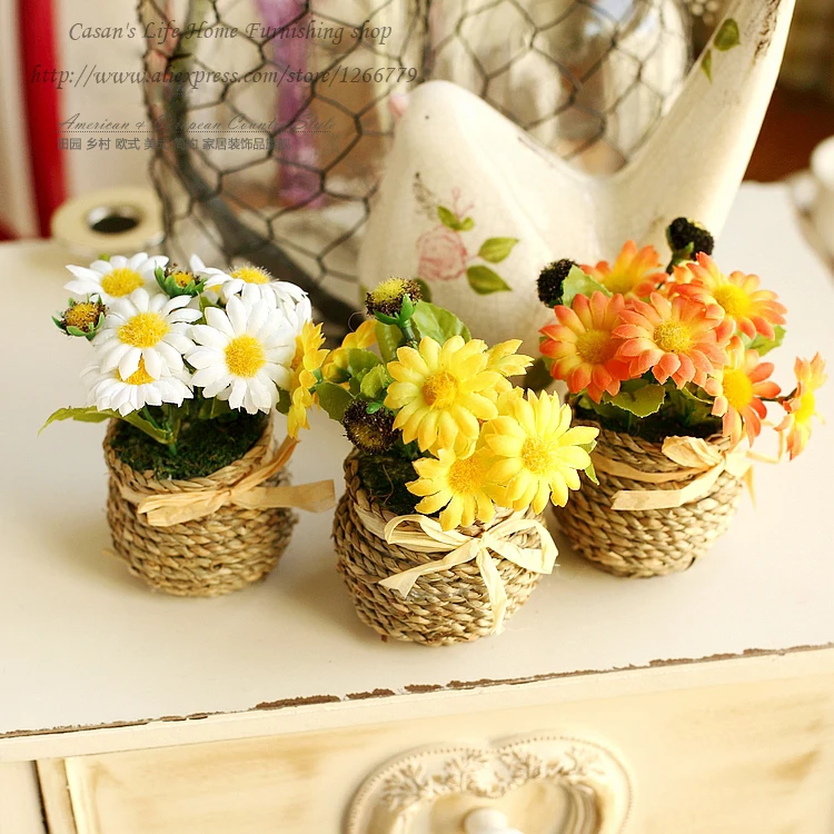 

NEW Pastoral style decoration mini type of flowers,Rice straw flower pot modelling + chrysanthemum,home decoration essential!