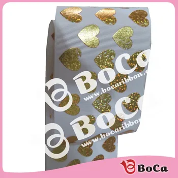 

New arrival 100 yard 3"75mm white with gold heart hologram grosgrain ribbon for decoration