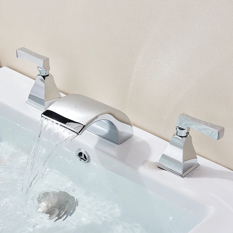 

POIQIHY Dual Handle Waterfall Basin Faucet Widespread Tub Sink Mixer Taps Chrome Washing Basin Mixer Tap Hot Cold Tap