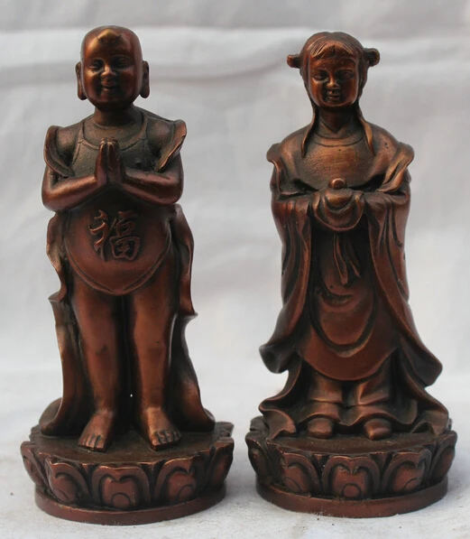 

bi002934 5" China Chinese Folk Fengshui Bronze Fu Stand Boy Gal Girl immortal Statue Pair