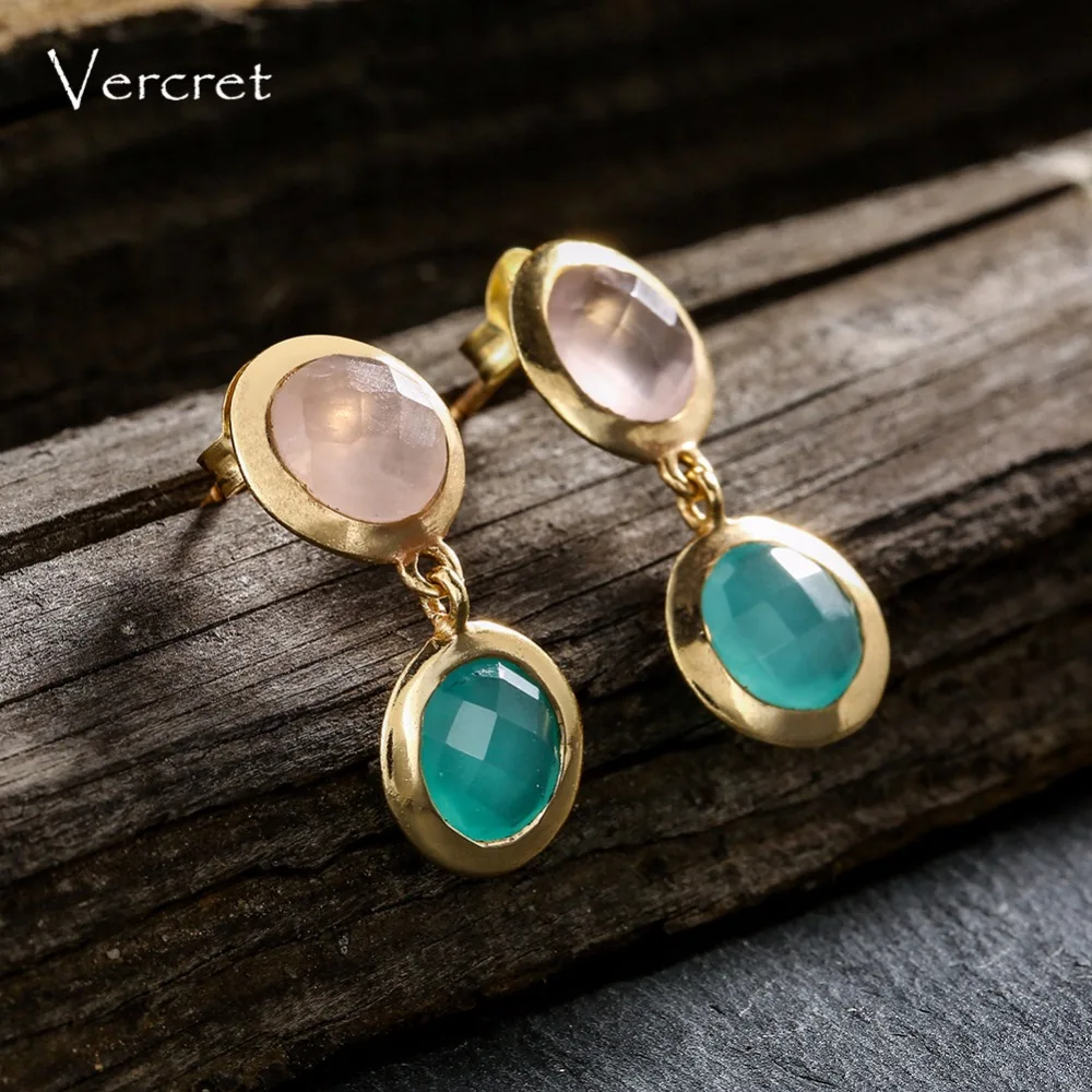 Vercret natural stone rose quartz earrings 18k gold 925 silver jewelry earrings for women gift Fine Jewelry
