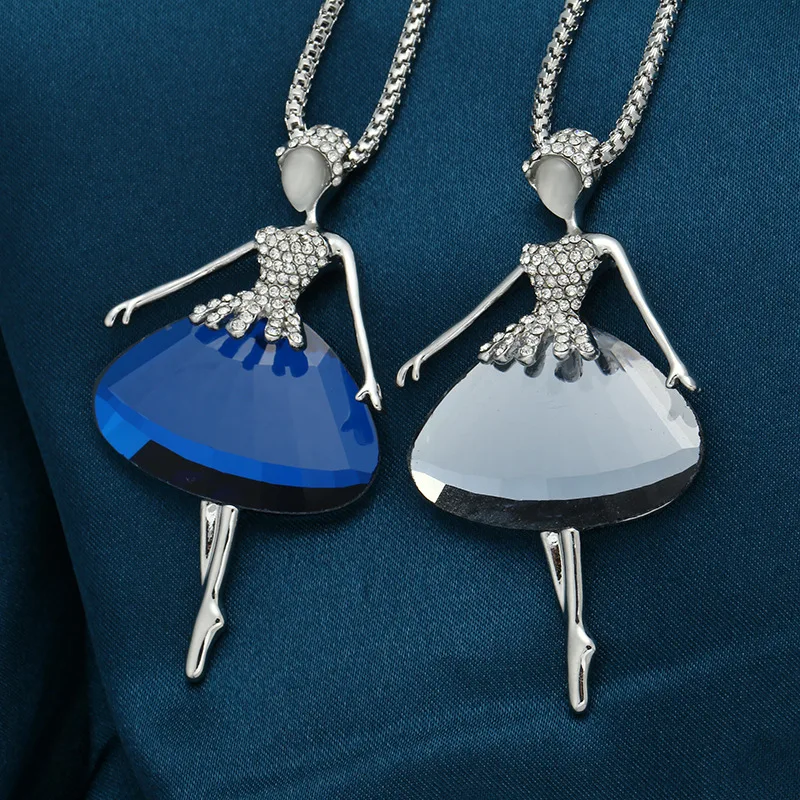 AMORUI Ballet Girls Trendy Pendant Necklace Blue Silver Pendant Women Chain Necklace Fashion Women Stainless Steel Necklaces