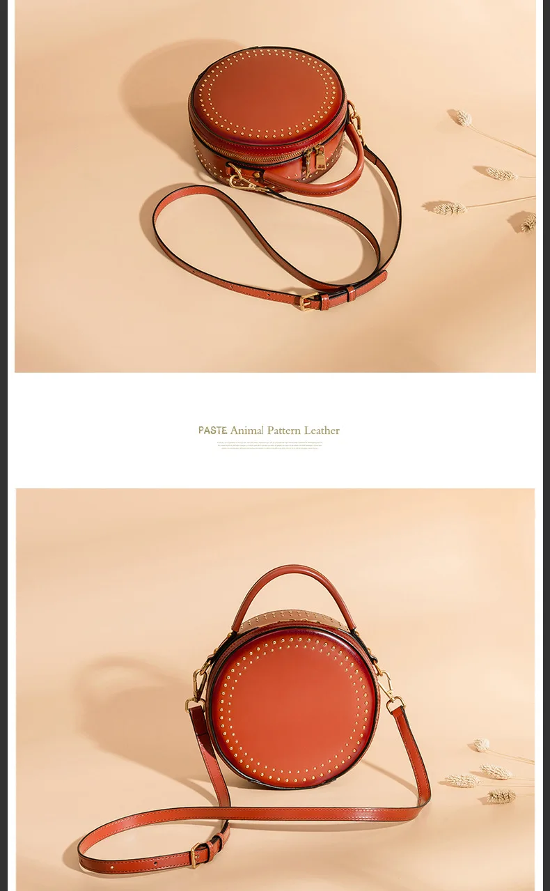 Branded fashion bags reather vintage round bag women's handbags genuine leather female bag (8)