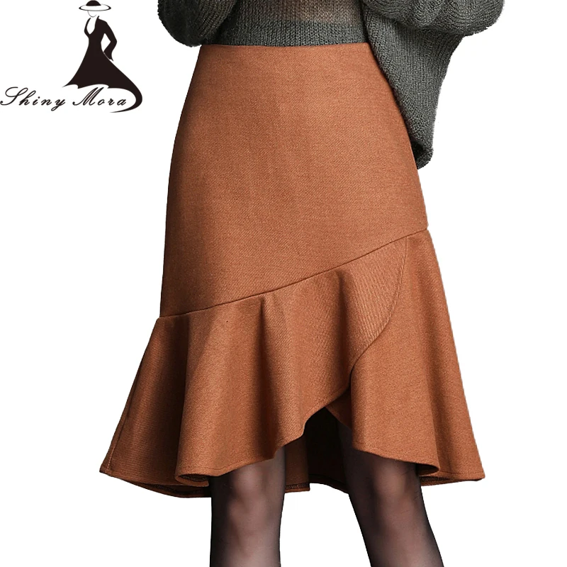 

SHINYMORA Winter Wool Thicken Ruffles Skirts Women High Waist Slim Trumpet Mermaid Knee Shorts Skirts Female Elegant Big Size