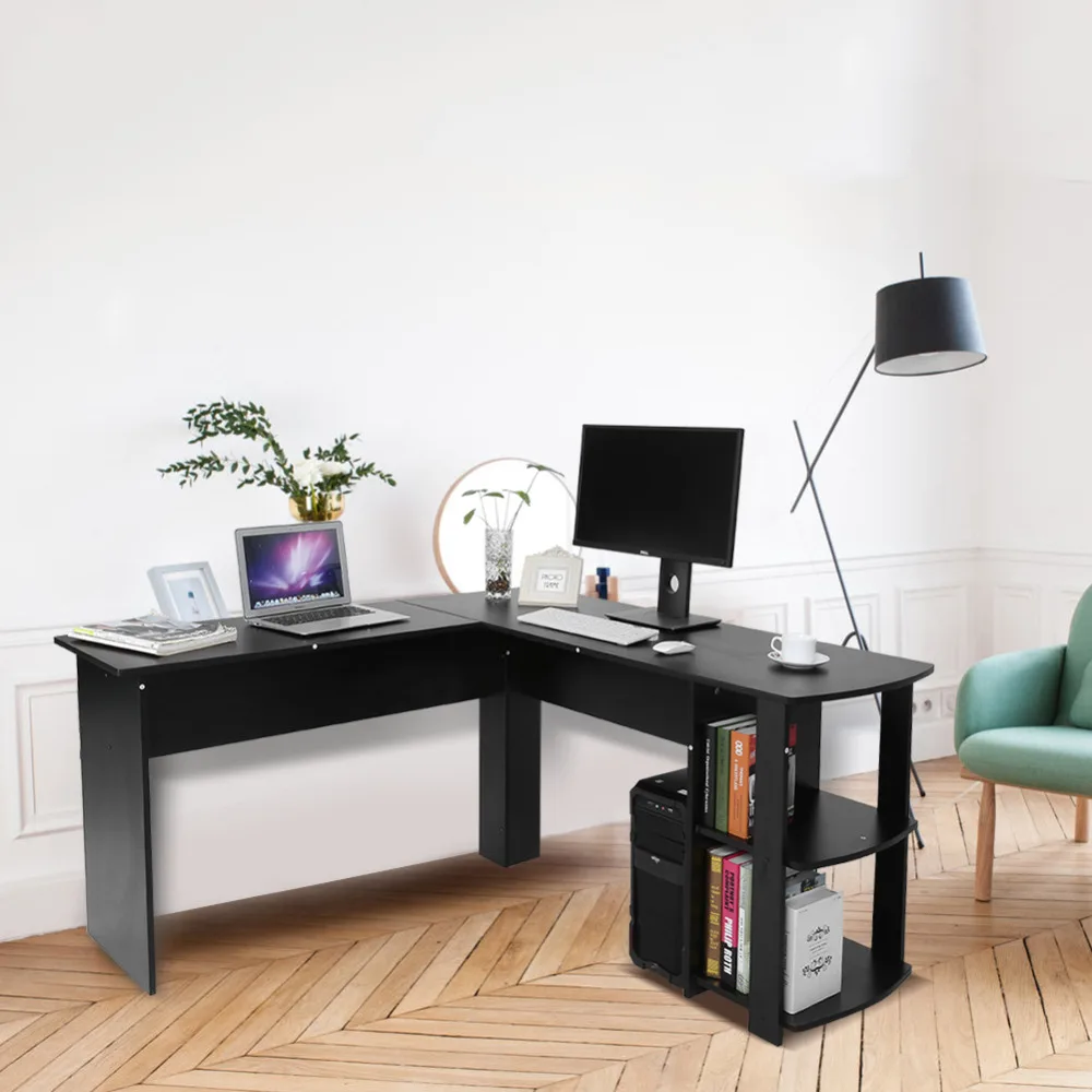 

Utility Wooden Office Computer Writing Desk Home Gaming PC Furnitur L-Shape Corner Study Computer Table With Book Shelf