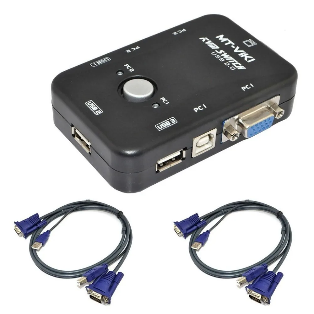 2 порта USB VGA KVM переключатель коробка+ кабели для компьютера обмен монитор клавиатура мышь