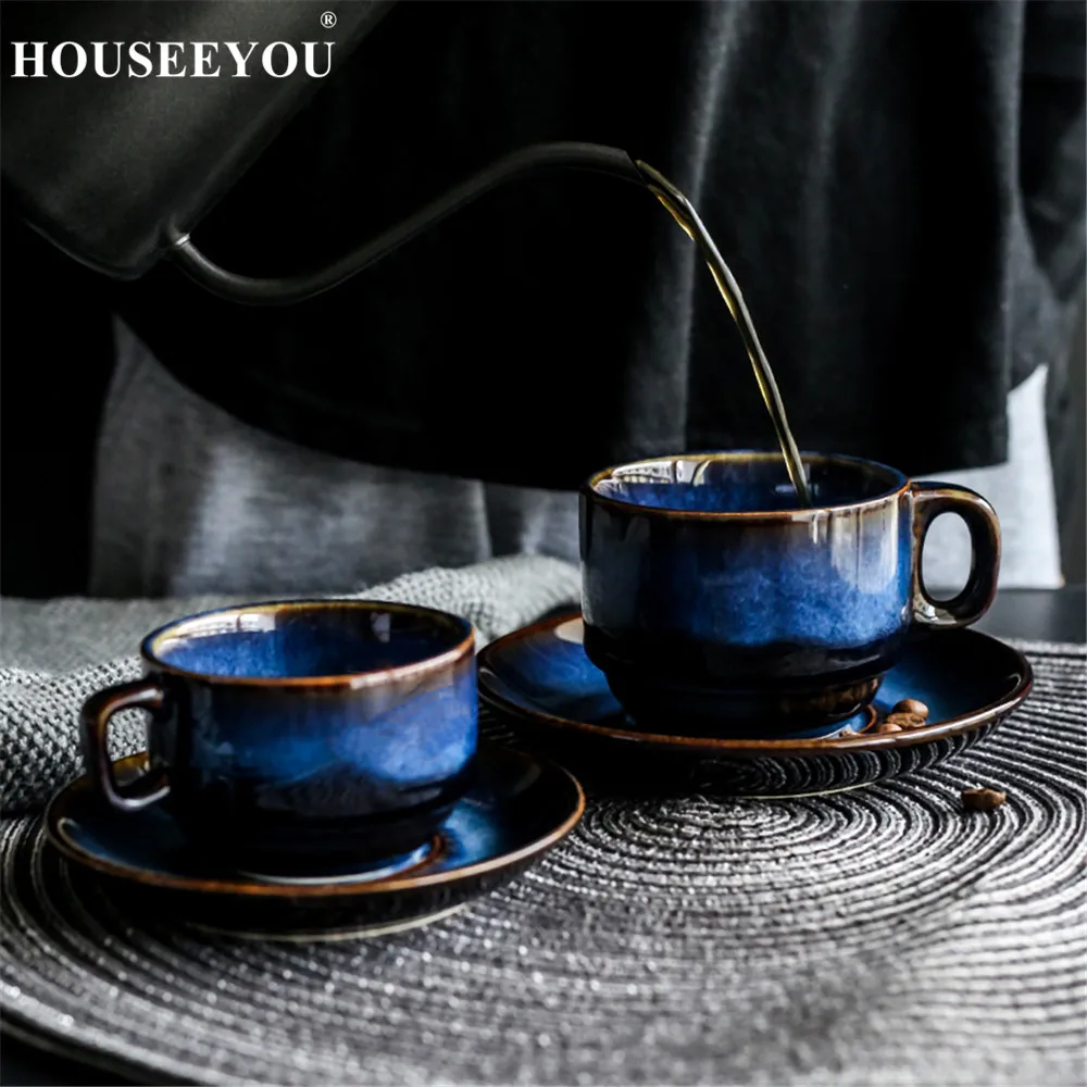 HOUSEEYOU, темно-синяя керамическая кофейная чашка, блюдце, набор, чайная чашка, чашка для завтрака, послеобеденный чай, античный синий цвет, кофейная чашка эспрессо