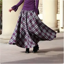 Vintage Spring Autumn Wool Maxi Skirt Women Elastic Plaid Woolen Warm Swing Skirt Falda Invierno High Waist Retro Skirt TT548