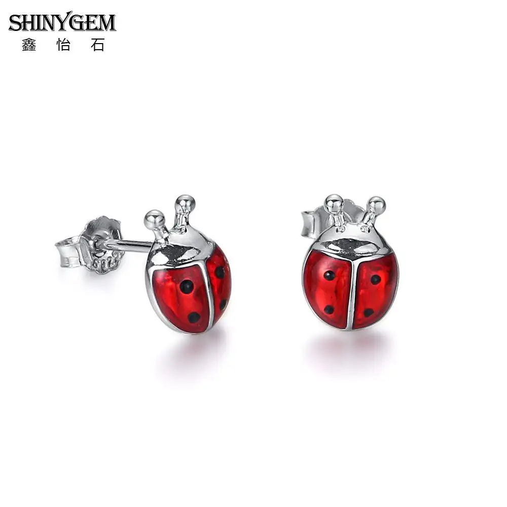 Серьги в виде божьей коровки из чистого серебра ShinyGem, модные 925 пробы серебряные серьги-гвоздики, милые розовые/красные серьги в виде божьей коровки