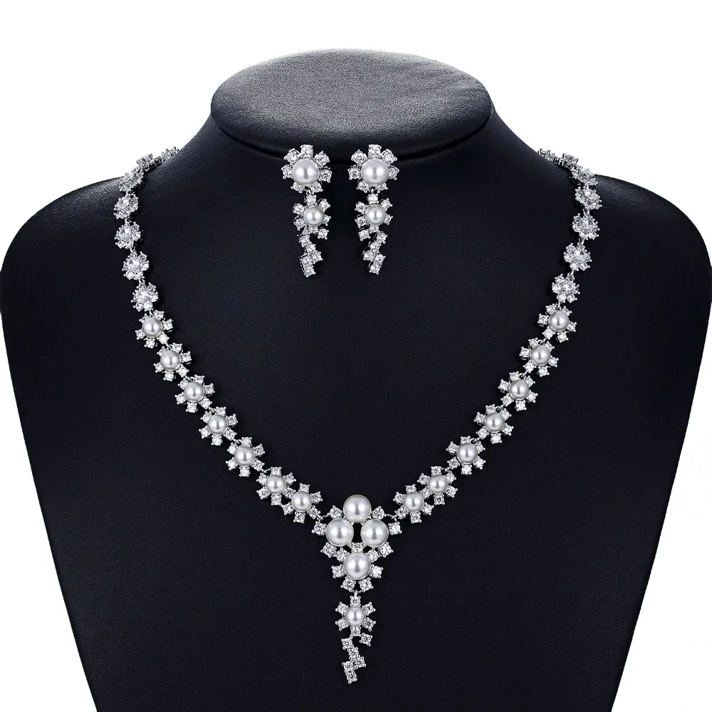 Crystal CZ Cubic Zirconia Bridal Wedding Pearl Necklace Earring Set Jewelry Sets for Women Accessories CN10055 Crystal CZ Cubic Zirconia Bridal Wedding Pearl Necklace Earring Set Jewelry Sets for Women Accessories CN10055