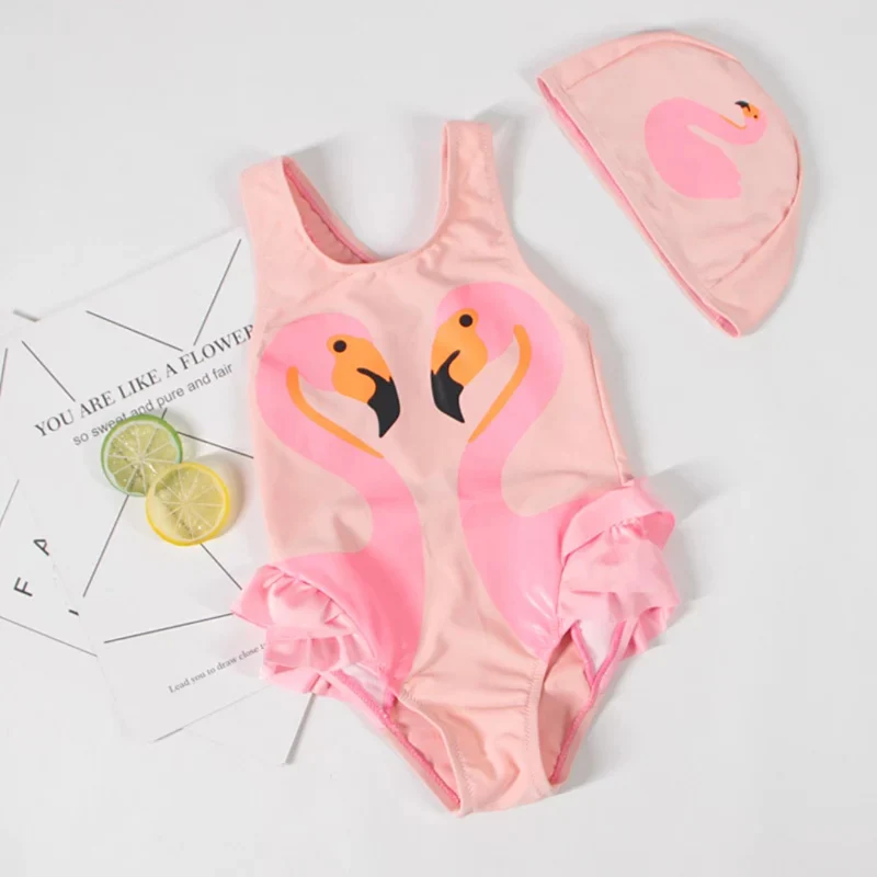 flamingo pink Купальник для девочек с шапкой для новорожденных, детское бикини, детский купальный костюм, плавные купальные костюмы, пляжная одежда года для детей - Color: flamingo pink