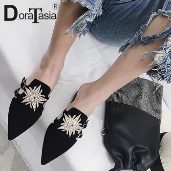 

DoraTasia 2019 New Arrival Genuine Kid Suede Mules Woman Crystal Decoration Low Heels Casual Summer Slippers Shoes Woman