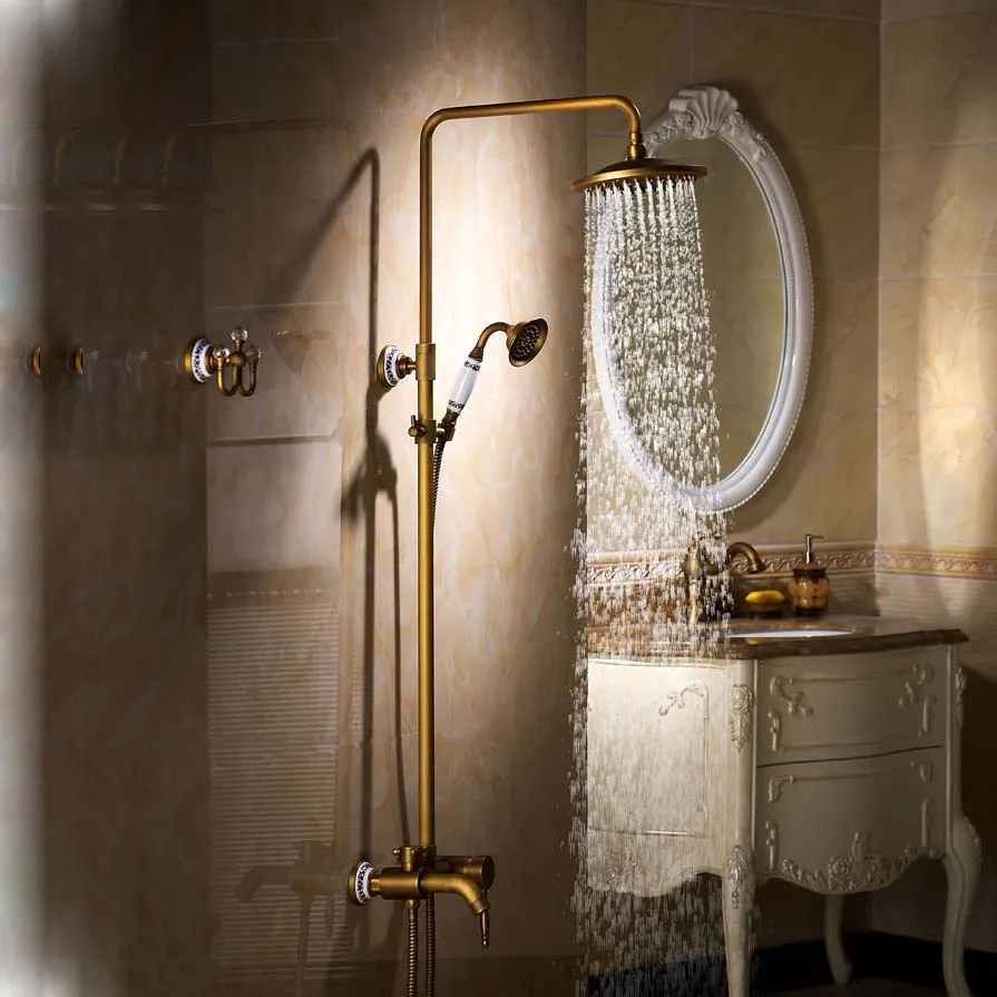 

Classic Antique Brass Rainfall Shower Head Tub Spout Hand Shower Sprayer Top Shower Faucets Set 3 Ways Shower Mixers Taps