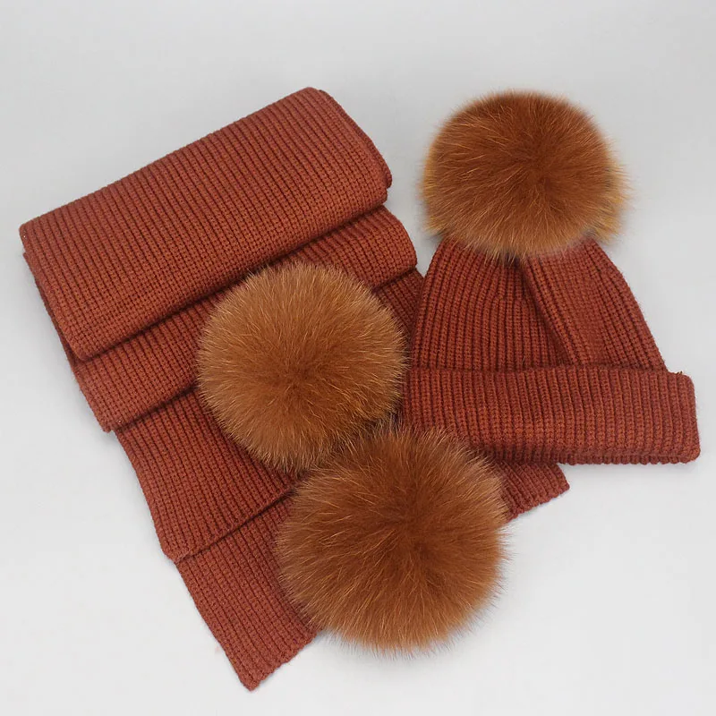 Winter Beanies Fox Pompom Fur Wool Knitted Hat The Female Of The Mink Caps Beanie Hats For Women Girl 'S Hats Scarves Cap Scarf - Цвет: Rust Red