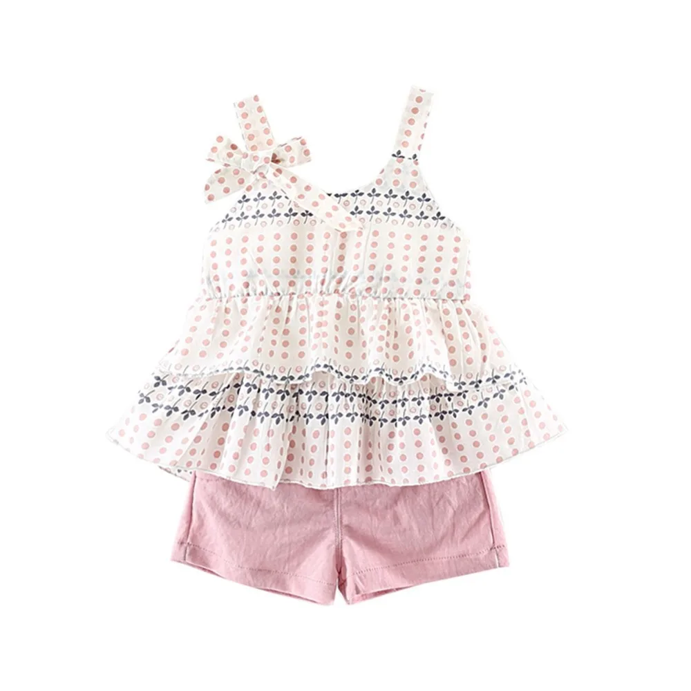

Baby Girls Casual Summer Polka Dot Print Strap Design Tops With Bowknot+Short Skirts Suits Costume Set 0-4T