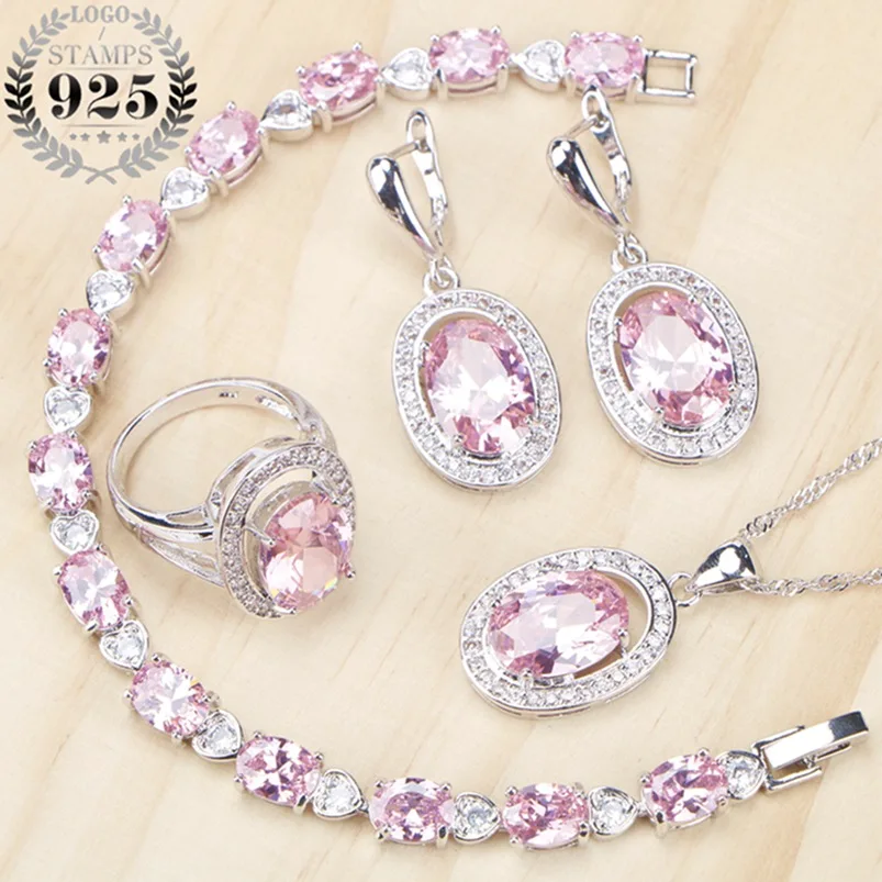 

Pink Cubic Zirconia Costume Jewelry Sets Silver 925 Fashion Women Jewelery Earrings Pendant&Necklace Ring Bracelet Free Gift Box