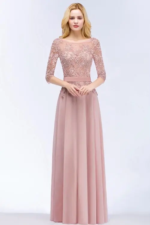 Vestido de festa longo Dust Pink 3/4 рукава кружевные аппликации из бисера Вечерние платья Формальные Выпускные платья с поясом - Цвет: Розовый