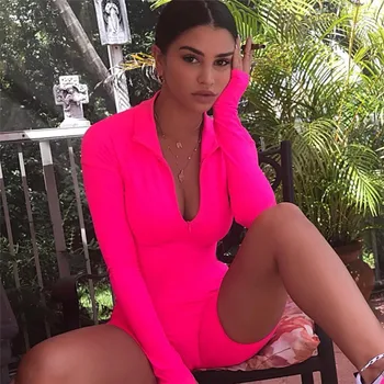 

2018 Candy Neon Color Long Sleeve Shorts Zip Belt Sporting Femme Bodysuit Playsuit Overalls Sexy Tights Fitness Women Jumpsuits