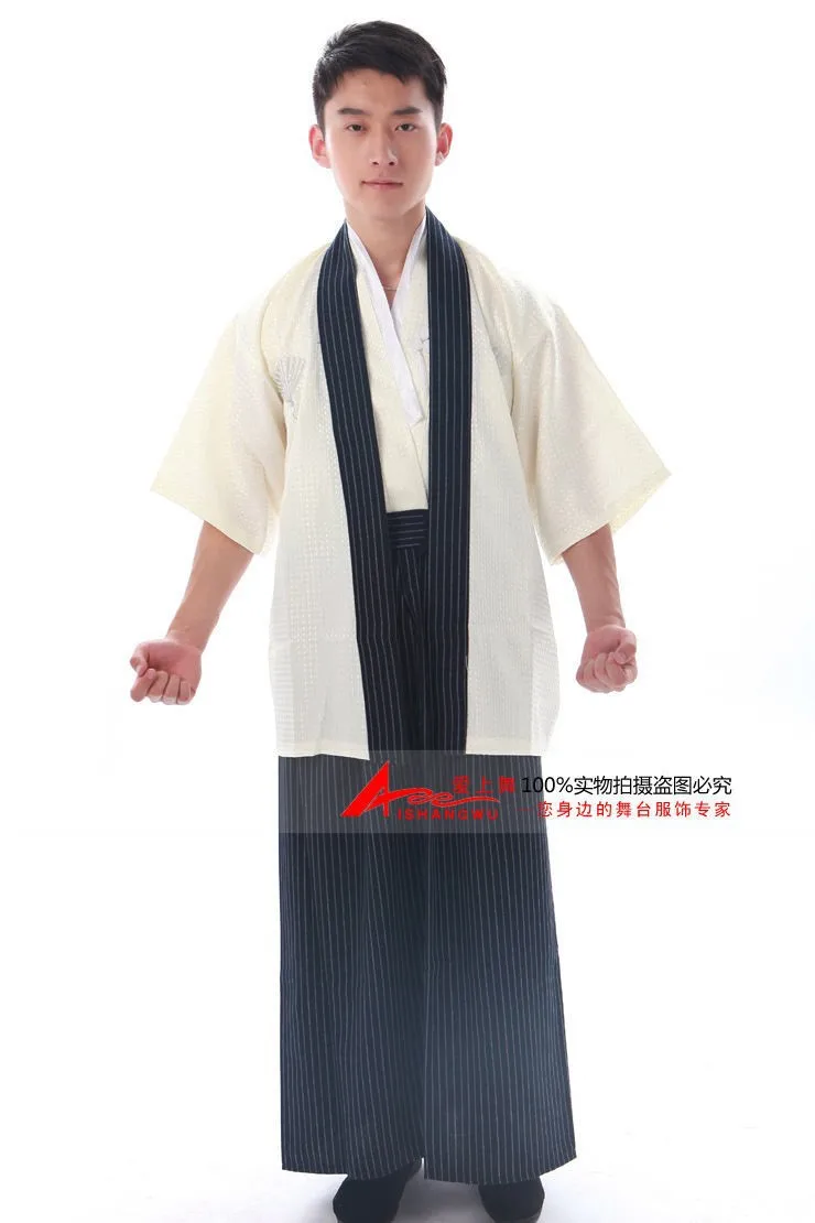 Черный/бежевый Винтаж японский Для мужчин платье-кимоно воин юката хаори платье один размер традиционное японское кимоно