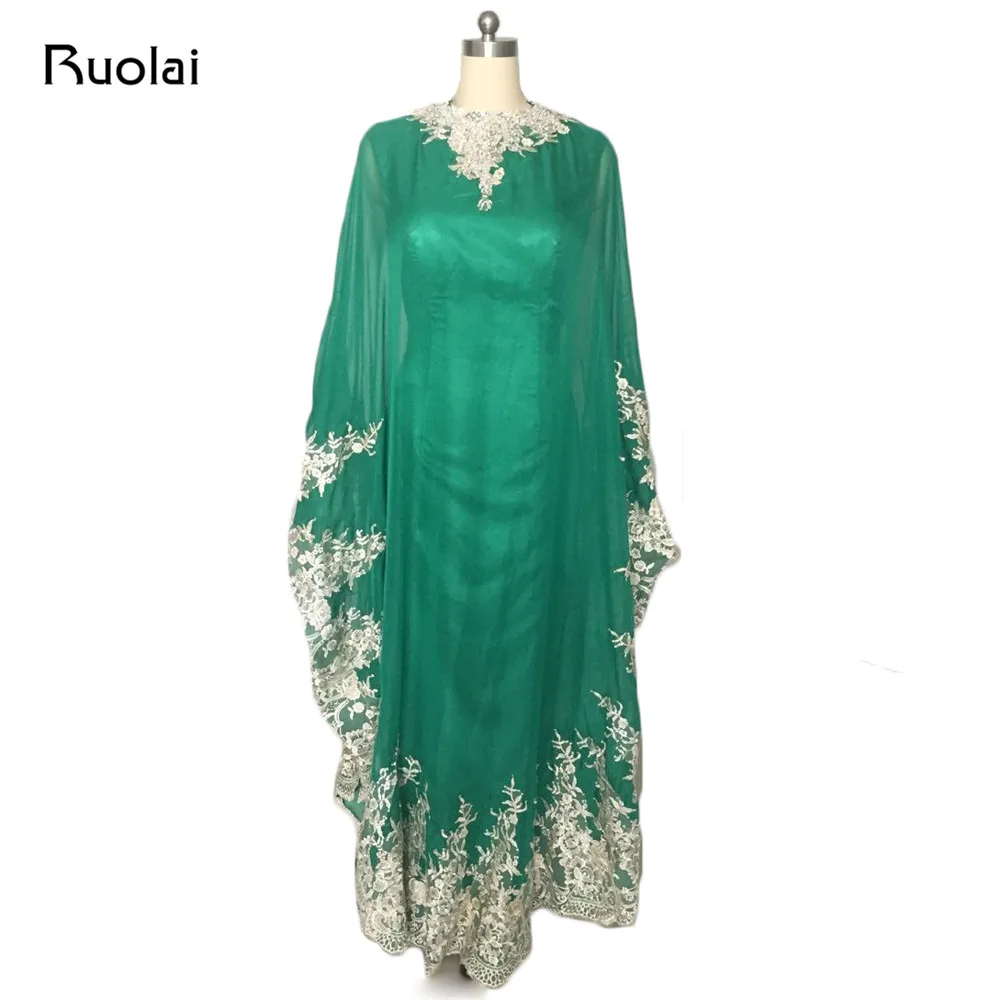

Real Photo Muslim Evening Dresses Long Chiffon Appliques Beaded with Cape Dubai Caftan Prom Dress 2017 Robe de Soiree PD93