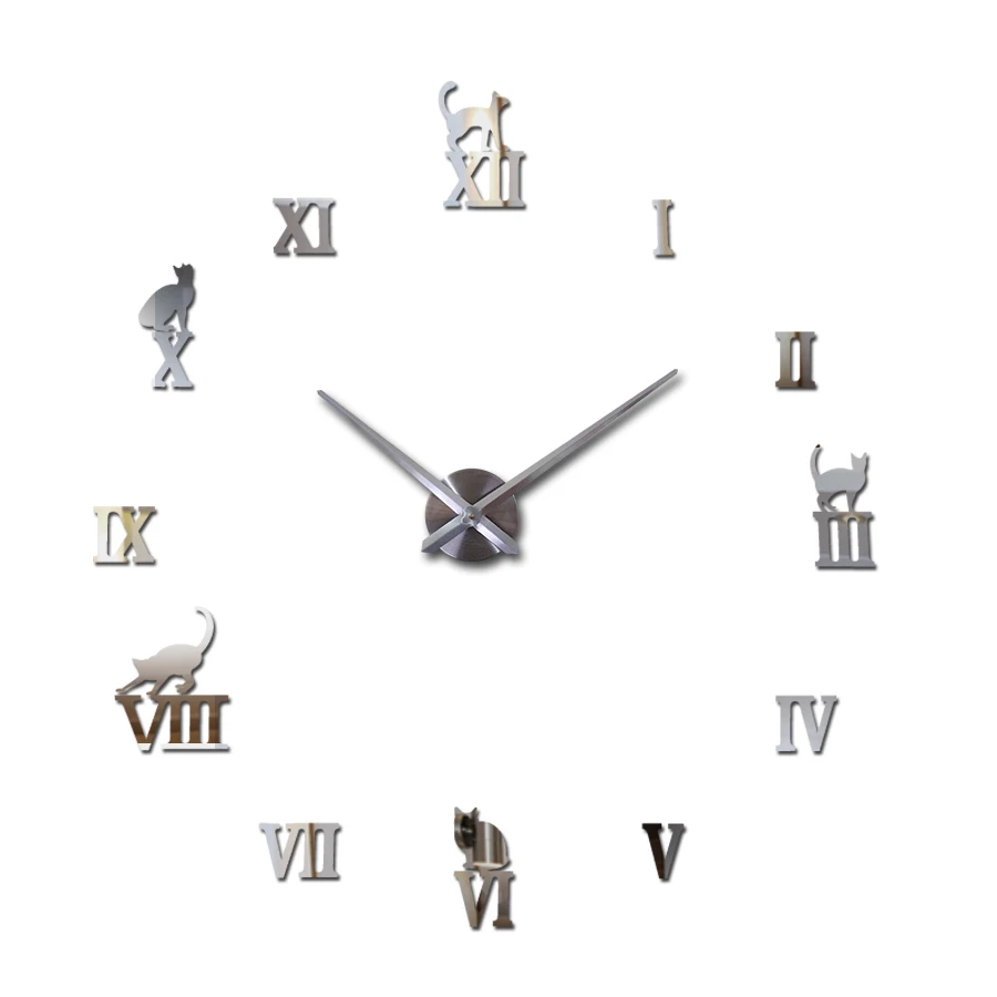 Горячие дизайн большие декоративные настенные часы короткий дизайн diy часы цифровые часы кварцевые гостиная 3d Кошка наклейки на стену - Цвет: Серебристый
