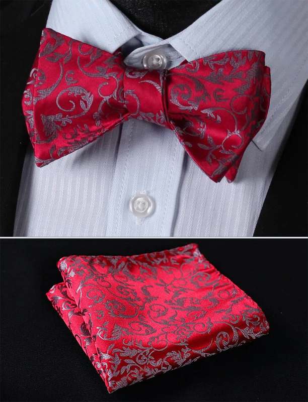 

BF2018R Red Gray Floral Classic 100%Silk Jacquard Woven Men Butterfly Self Bow Tie BowTie Pocket Square Handkerchief Suit Set