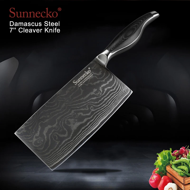

SUNNECKO High Quality 7" Cleaver Knife Damascus Steel Japanese VG10 Sharp Blade Pakka Wood Handle Cooking Chef's Kitchen Knives