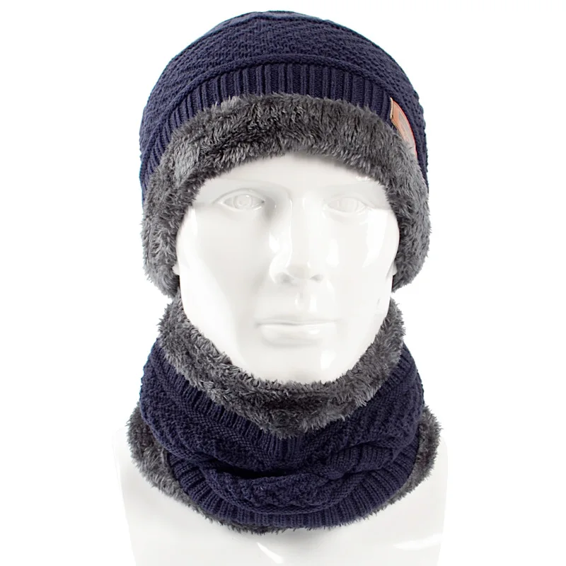 Новинка, стильная зимняя вязаная шапка, шарф, набор, Мужская однотонная теплая шапка, шарфы, мужские зимние уличные аксессуары, шапки, шарф, 2 штуки