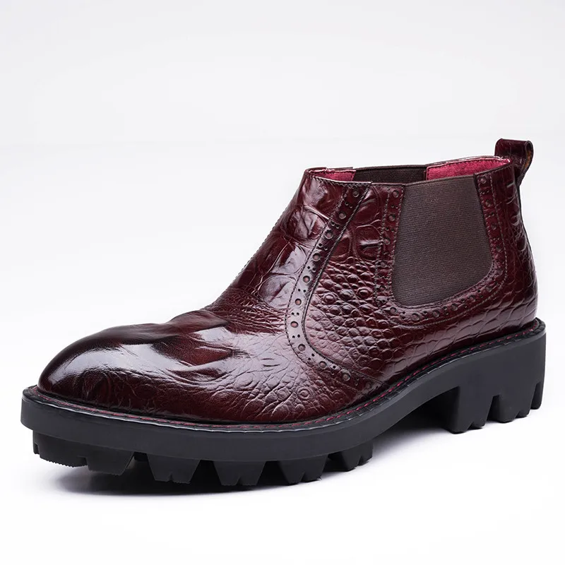 ZGZJYWM/сезон весна-осень; цвет красный, черный; Мужская водонепроницаемая обувь из натуральной кожи с узором «крокодиловая кожа»; модельные ботинки с перфорацией типа «броги» и эластичной лентой