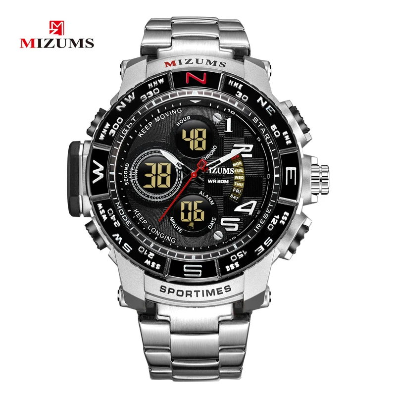 brave for men cool big case golden steel band dual time zones watches for men led digital quartz mens watches free shipping  (1)