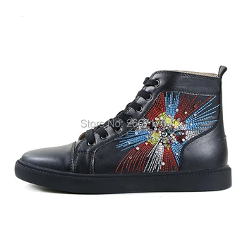 

EU38-47 Plus Size Black Leather Men Shoes Casual Luxury Embroidery Rhinestone High Top Sneakers Lace Up Mens Flat Ankle Boots