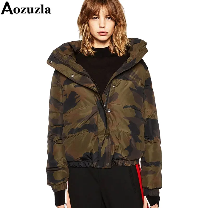 

New 2017 Camouflage Women Cotton-padded Jackets Back Letter Print Army Green Ladies Bomber Parkas Winter Warm Outerwear Coats
