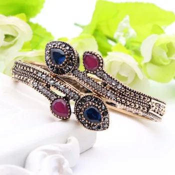 Vintage Women Heart Bracelet Bangle Turkish Resin flower Jewelry Cuff Antique Gold Color Resin Ethnic Bangle Pulseiras Feminino