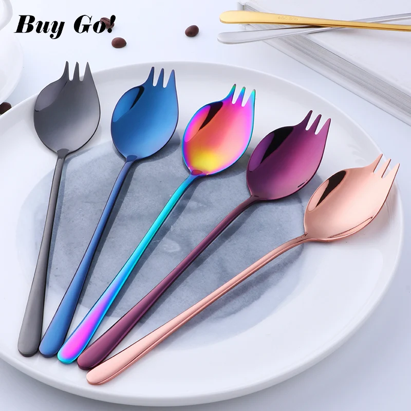 

Creative 2 in 1 Salad Forks Spoon 304 Stainless Steel Three Tooth Multifunction Dessert Snack Fruit Forks Kitchen Tableware
