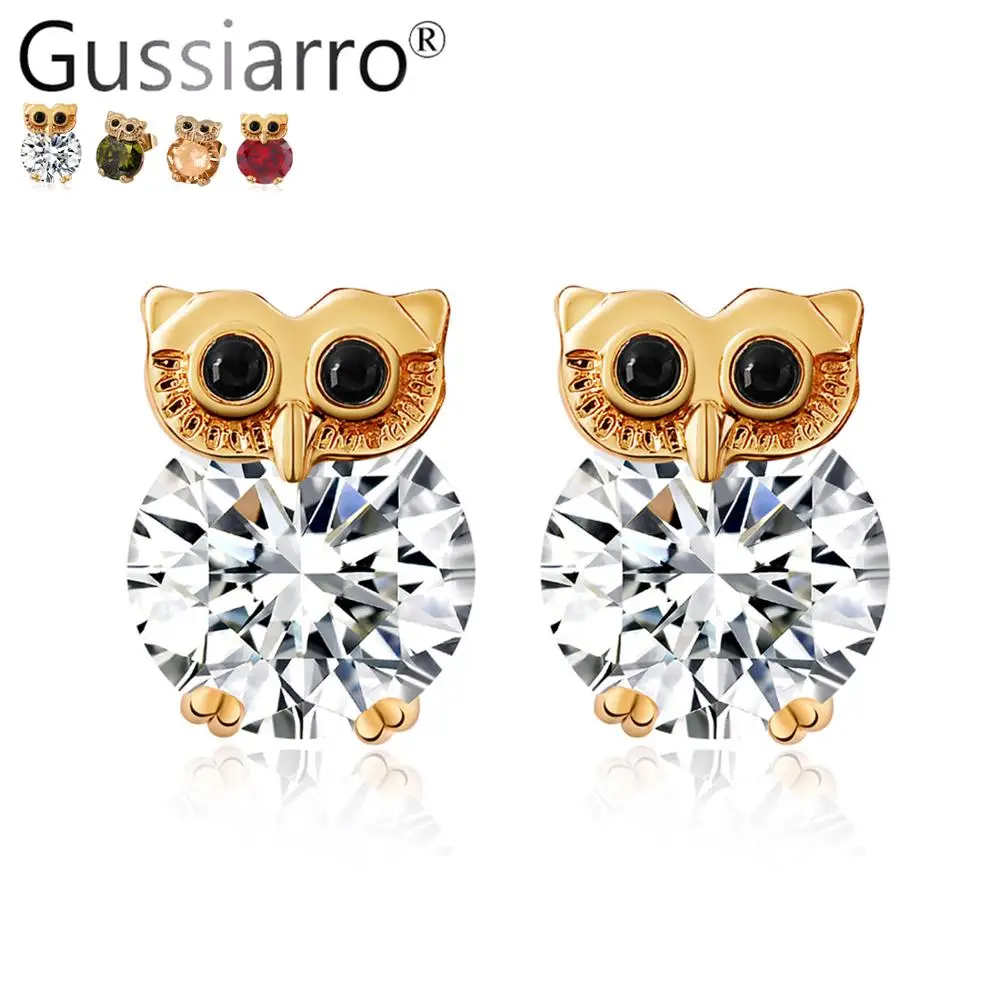 

Gussiarro Romantic Jewelry 2019 Stud Earrings For Party Elegant Gold Color AAA 4 Color Cubic Zirconia Owl Stone Earring