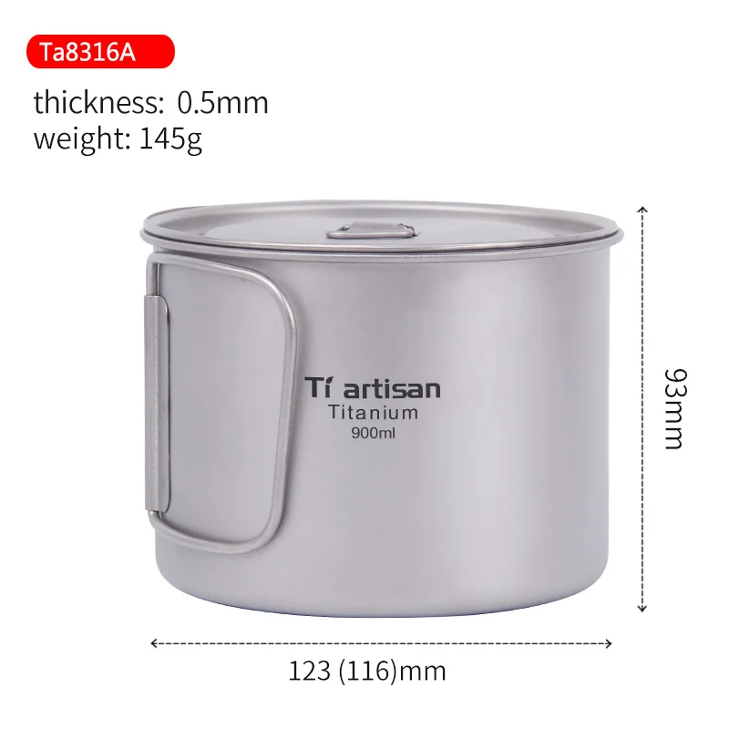 Tiartisan 900ml Pure Titanium Pot Outdoor Camping Ultralight Titanium Bowl with Cover larger Capacity Picnic Cookware