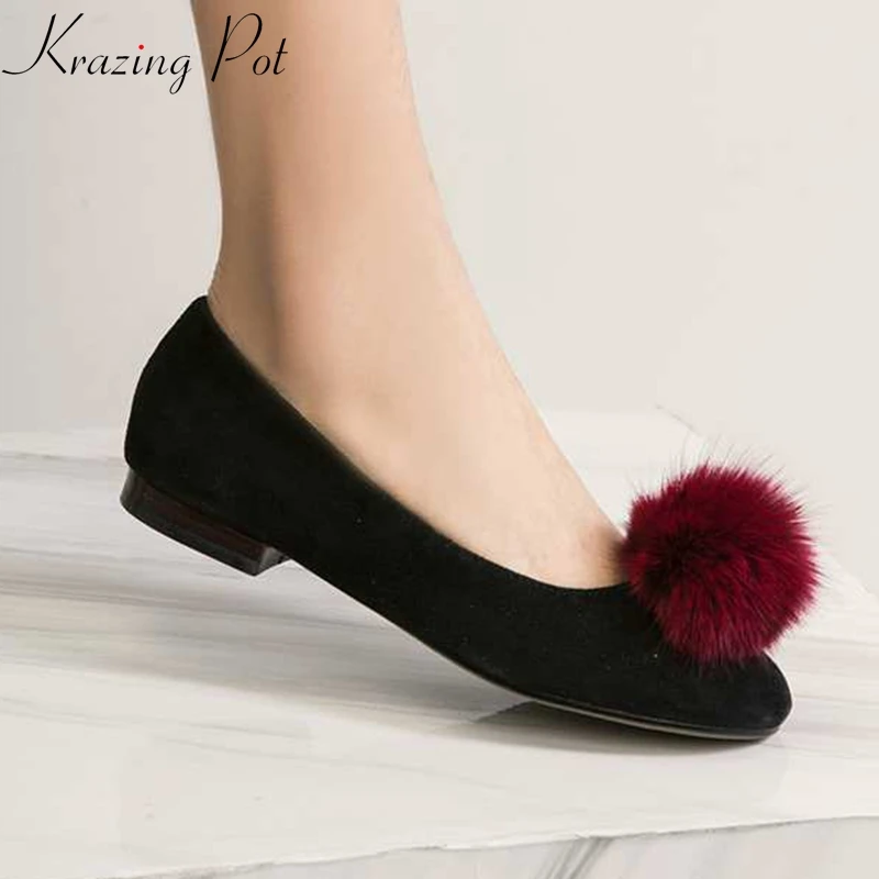 

Krazing Pot full grain leather kid suede real fur slip on pumps round toe preppy style low heels solid brand pregnant pumps L06