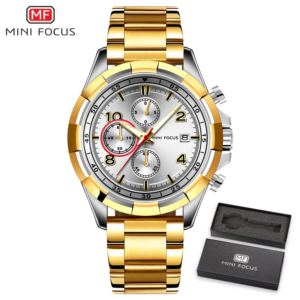 Лучший бренд, Роскошные Кварцевые часы MINIFOCUS, мужские золотые часы из нержавеющей стали, ремешок с календарем, циферблат,, горячая мода, водонепроницаемые наручные часы - Цвет: GOLD WITH BOX