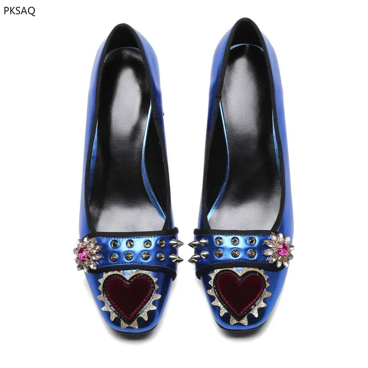 

Spring Fashion Women Shoes Rivet Rhinestone Square Toe High-heeled Blue Silver wedding Party Pumps Lady Shoes