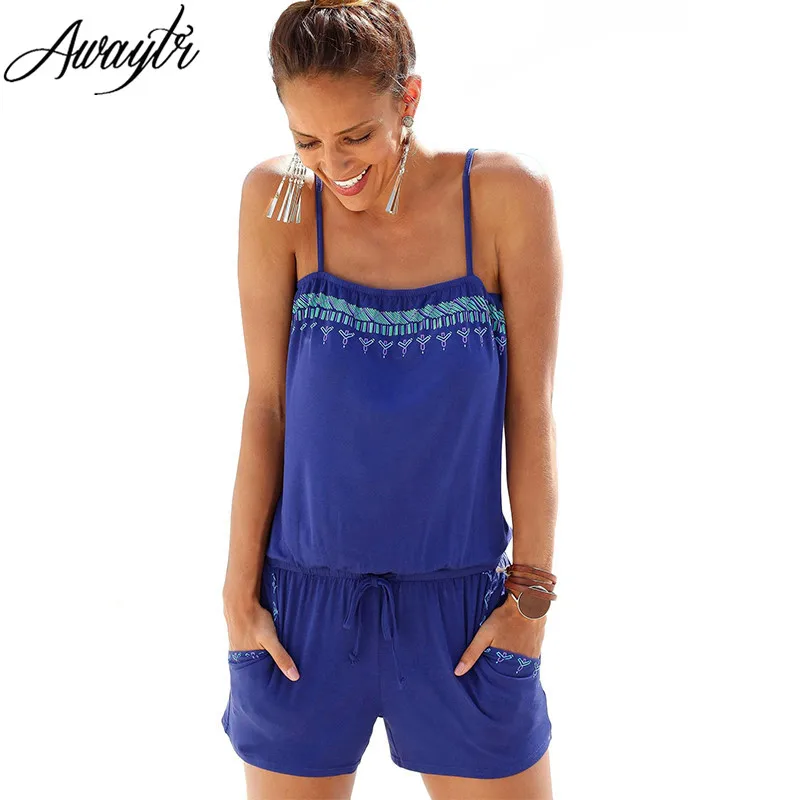 

Awaytr 2019 Casual Sleeveless Rompers Womens Jumpsuit Printed Spaghetti Strap Summer Bodysuit Femme Jumpsuit Women