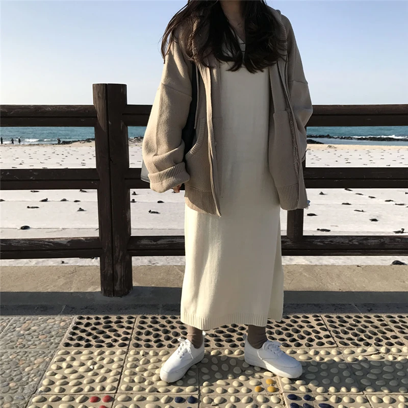 Pаспродажа Новинка 2019, осенне зимний кашемировый свитер в Корейском стиле для девочек, Свободный кардиган на молнии с капюшоном большого размера, плот...