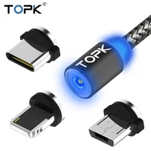 TOPK LED Cable USB Magnética Para el iphone 6 7 8 Plus 5S SÍ iPad Aire Tipo C y Micro USB Cable Cargador Cable USB Magnético Adaptador