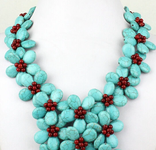

FREE SHIPPING>>>@ new1396 Excellent! Natural Turquoise Coral Flower Necklace