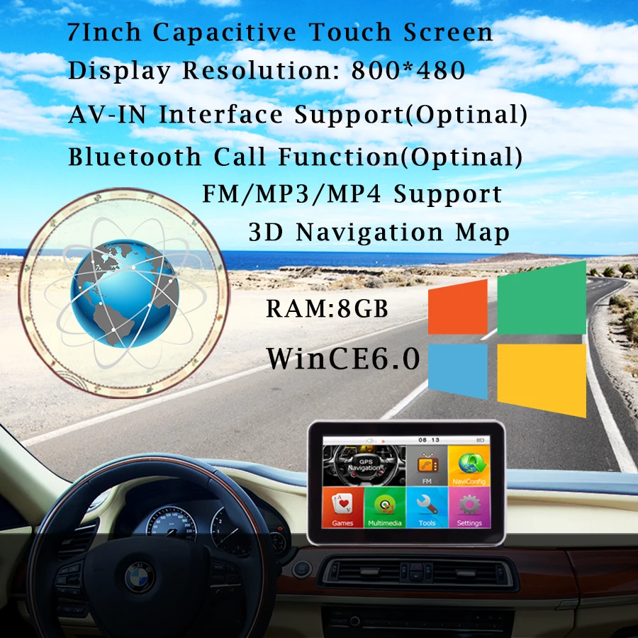  7``Car Truck GPS Navigation WINCE6.0 FM Bluetooth av-in 8GB/256MB 800MHZ IPS FHD Navigator Map Euro