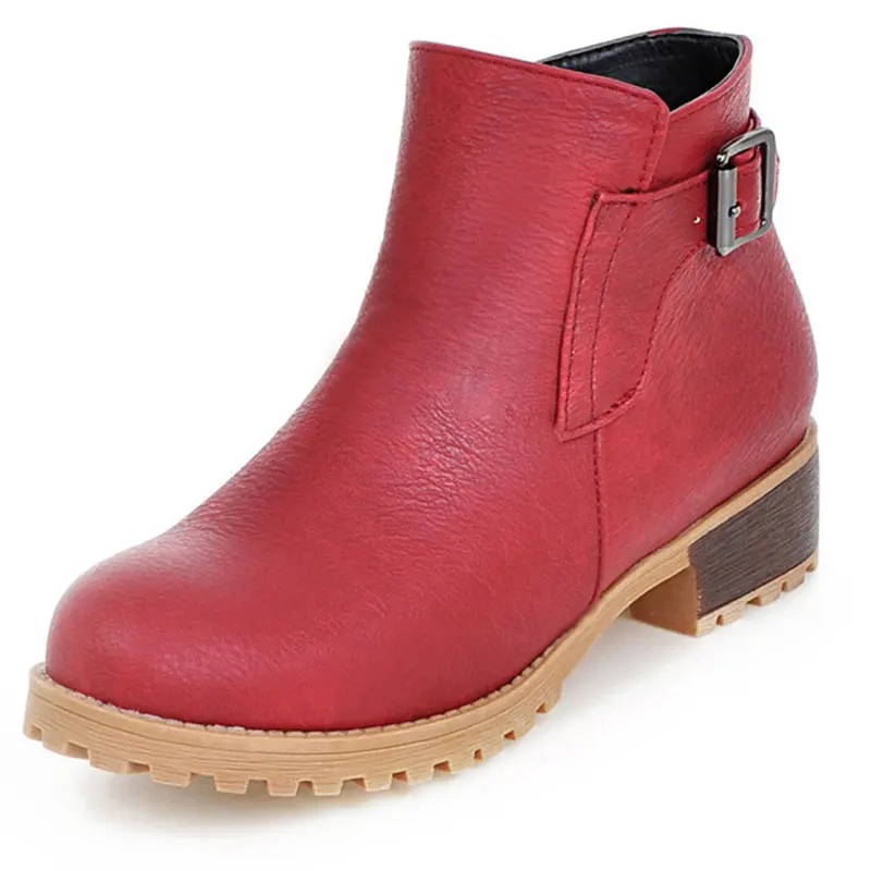 

winter Europe Round Toe Soft leather Ankle boots Zip Decorative buckle Breathable warm cashmere med Square Heel size 34-43 T1712