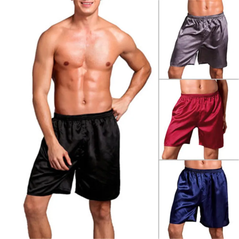 Loose Comfortable Men Shorts Sleep Bottom Satin Silk Solid Elastic