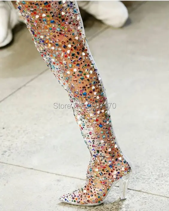 Colorful Rhinestone Glitters Transparent Runway Shoes Pointed Over Knee Botas Mujer Perspex Clear Heel Crystal Thigh High Boots