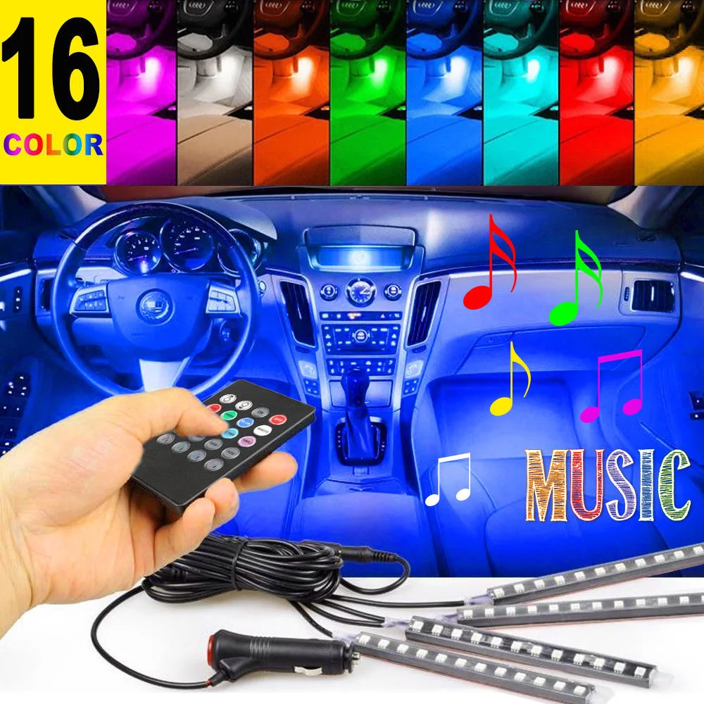 

4PCS 12 LED Car Interior Decoration Atmosphere Colorful Neon Lights Strip Music Control+ IR Remote Cigarette Switch Auto Styling